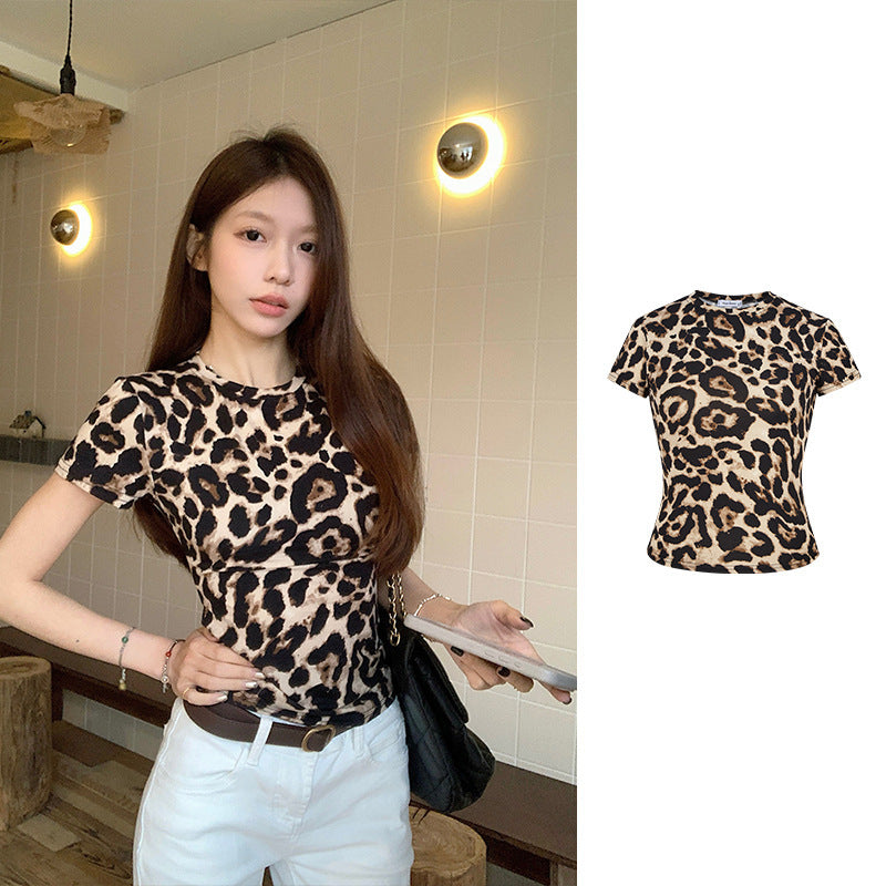 Women's Leopard Print Slim Fit Short Sleeve T-Shirt