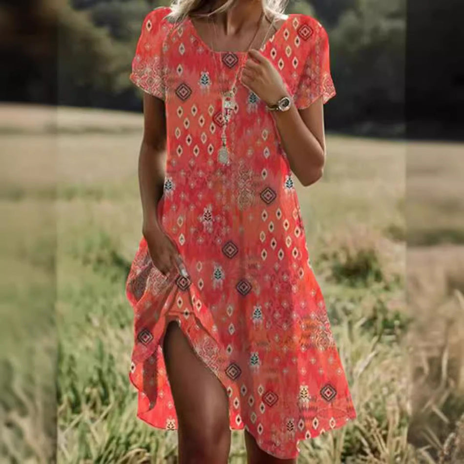 Women's Ethnic Print Maxi Dress Round Neck Loose Fit