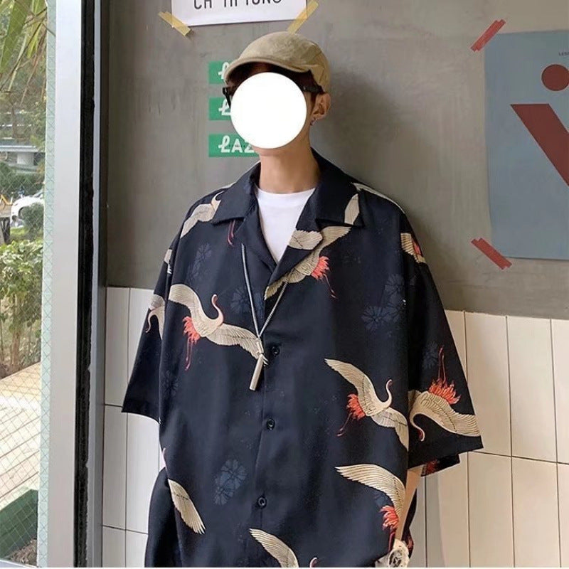Unisex Crane Print Loose Fit Short Sleeve Beach Shirt