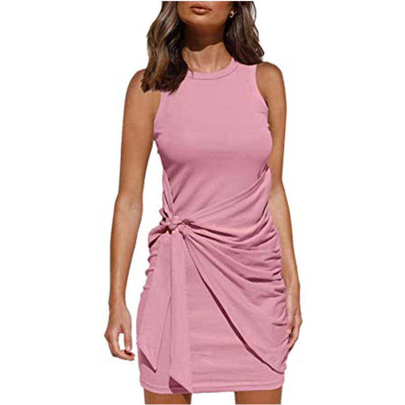Women's Pleated Crewneck Sleeveless Belted Midi Dress