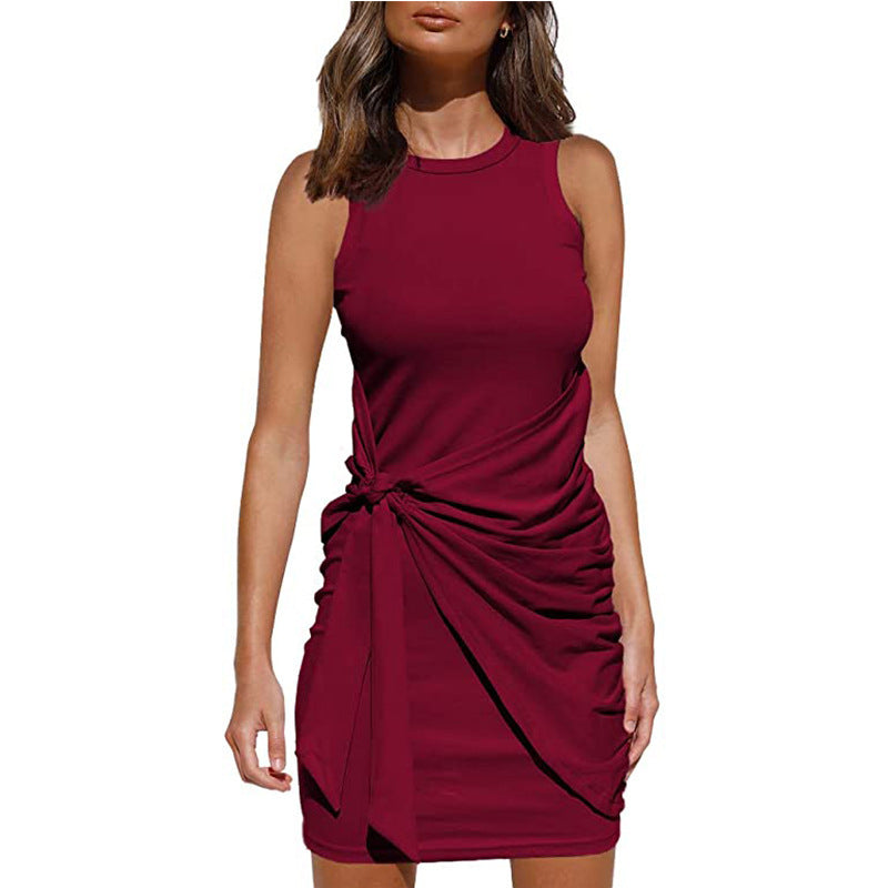 Women's Pleated Crewneck Sleeveless Belted Midi Dress