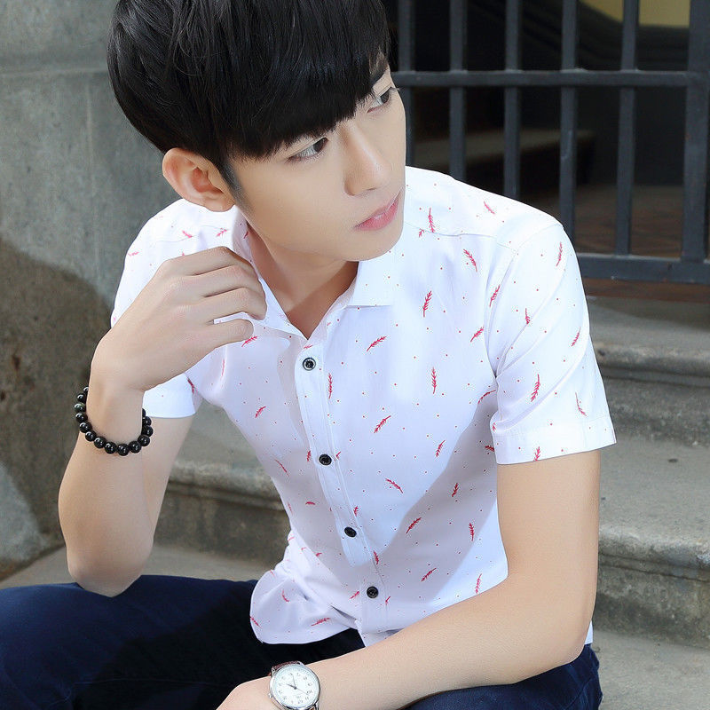 Men's Cotton Feather Print Short Sleeve Casual Shirt