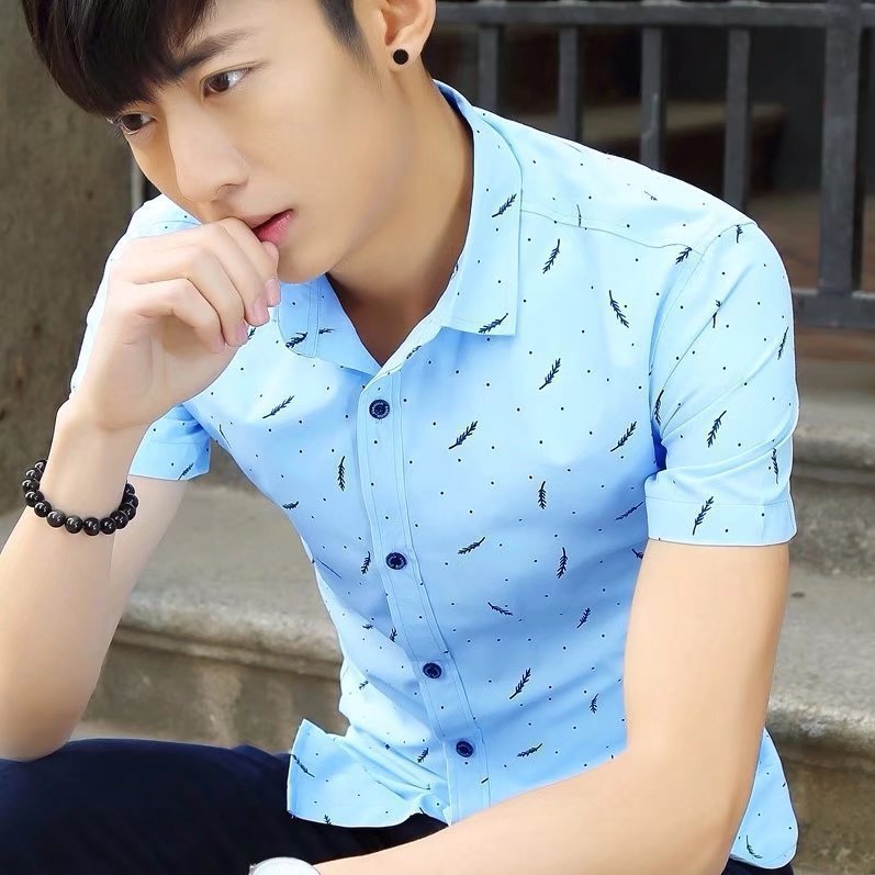Men's Cotton Feather Print Short Sleeve Casual Shirt