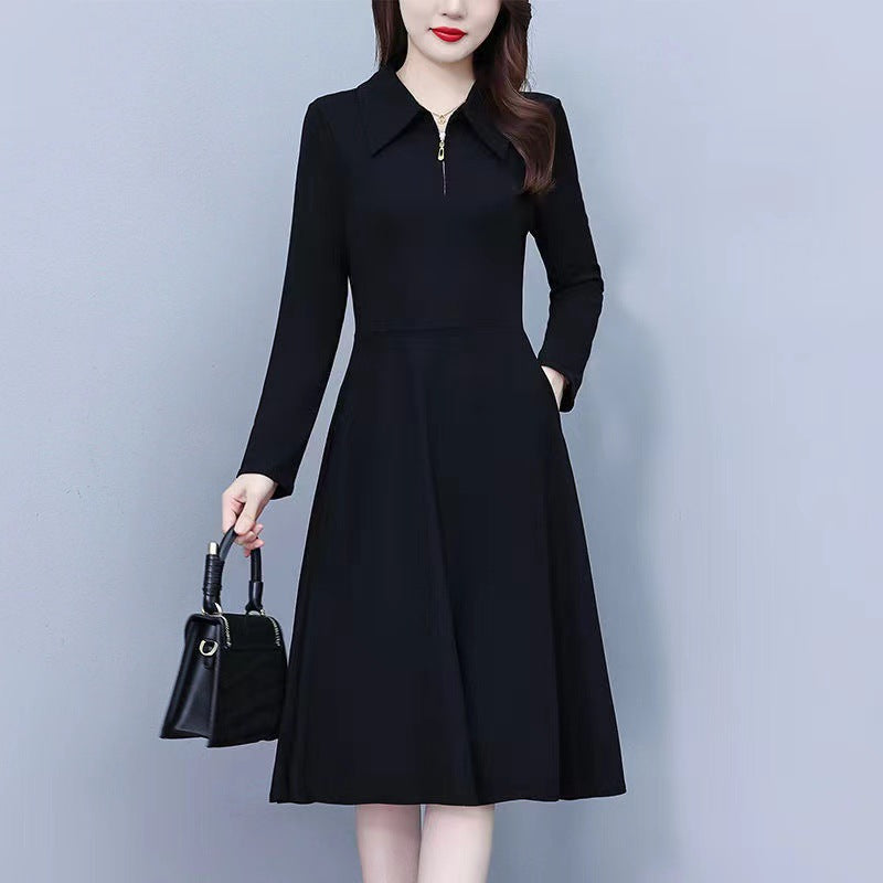 Women's Polo Collar Long Sleeve Midi Dress Slim Fit Black