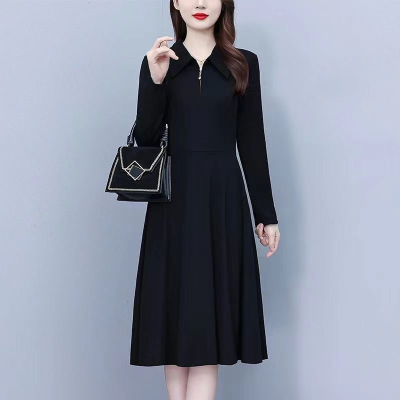 Women's Polo Collar Long Sleeve Midi Dress Slim Fit Black