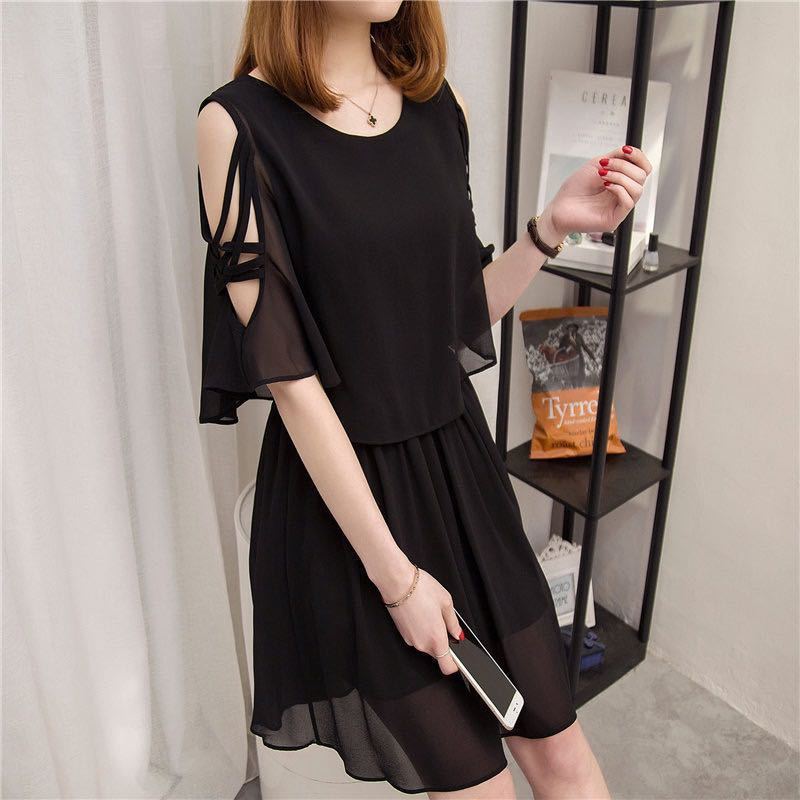 Women's Chiffon Fake Two-Piece A-Line Midi Dress Short Sleeve