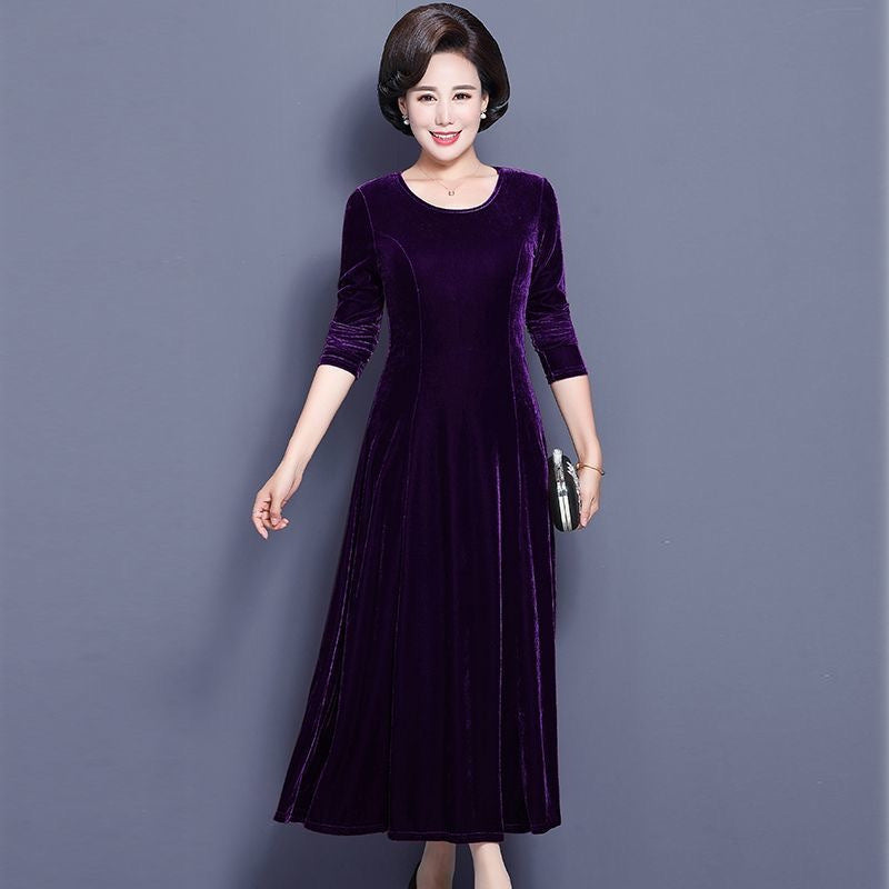 Womens Velvet Floral A-Line Midi Dress Long Sleeve Elegant