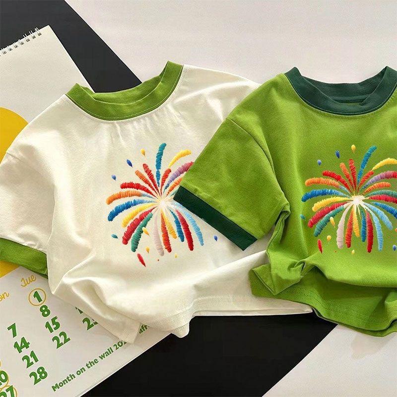 Kids' Cotton Color-Block Cartoon Short Sleeve T-Shirt
