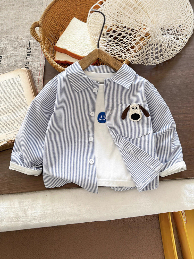 Kids Cotton Striped Cartoon Long Sleeve Casual Shirt