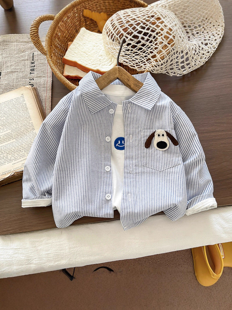 Kids Cotton Striped Cartoon Long Sleeve Casual Shirt