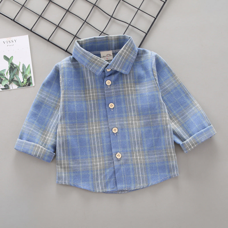 Kids Plaid Cotton Shirt Long Sleeve Stand Collar Top