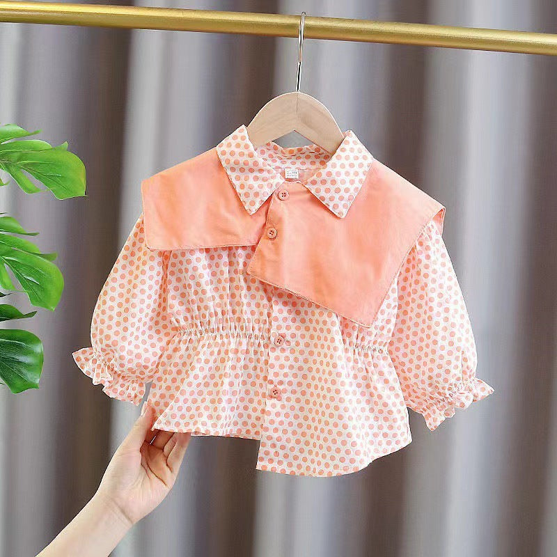 Girls Cotton Polka Dot Doll Collar Long Sleeve Shirt