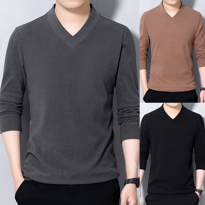 Men's Double-Sided Velvet V-Neck Fleece Long Sleeve T-Shirt