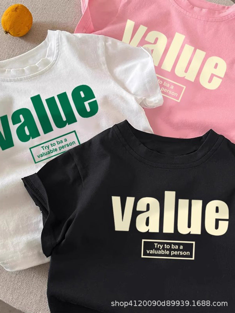 Kids Pure Cotton Letter Print Summer Crew Neck T-Shirt