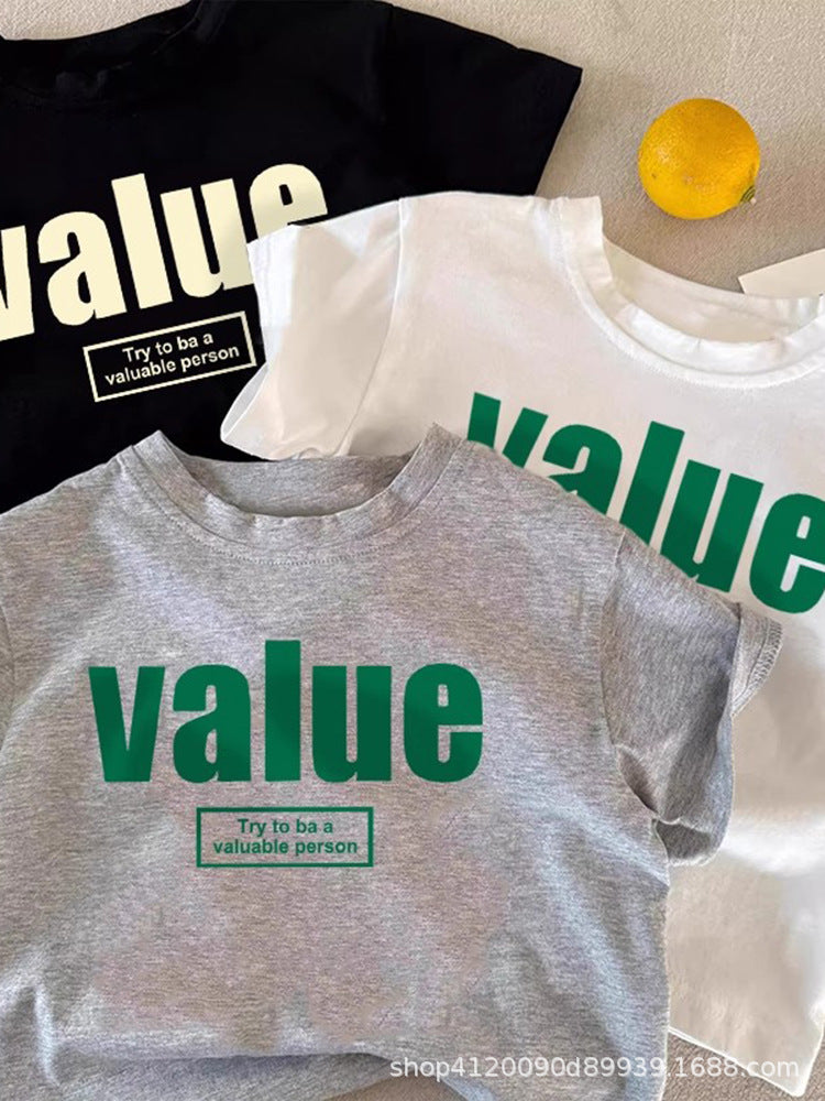 Kids Pure Cotton Letter Print Summer Crew Neck T-Shirt
