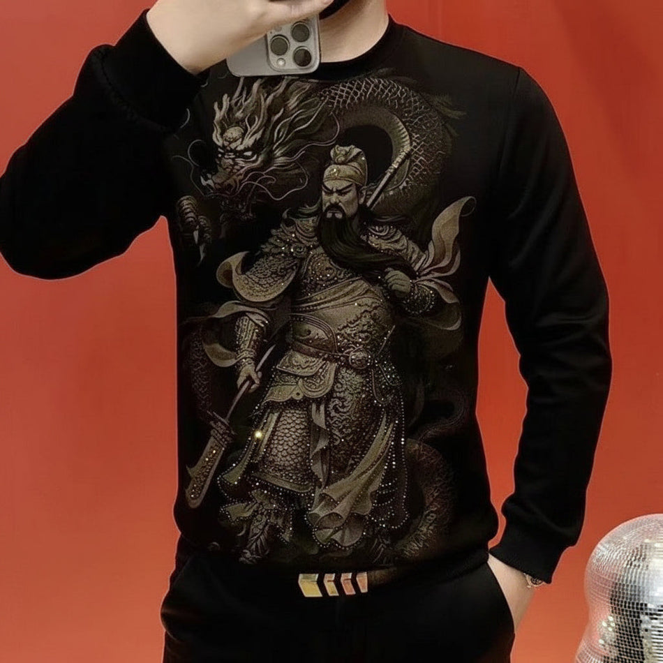 Men's Rhinestone Fleece-Lined Round Neck Sweatshirt