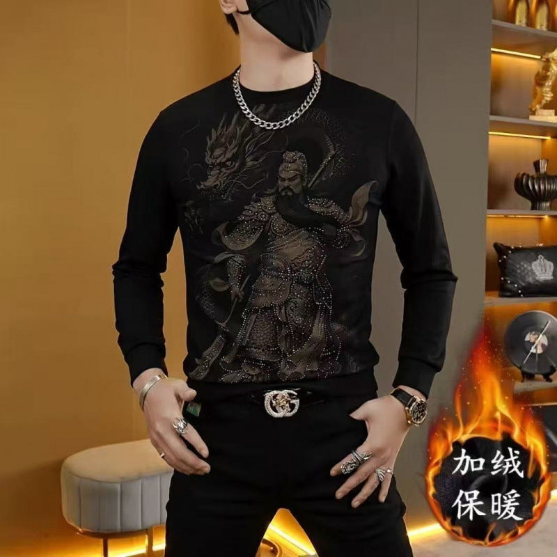 Men's Rhinestone Fleece-Lined Round Neck Sweatshirt