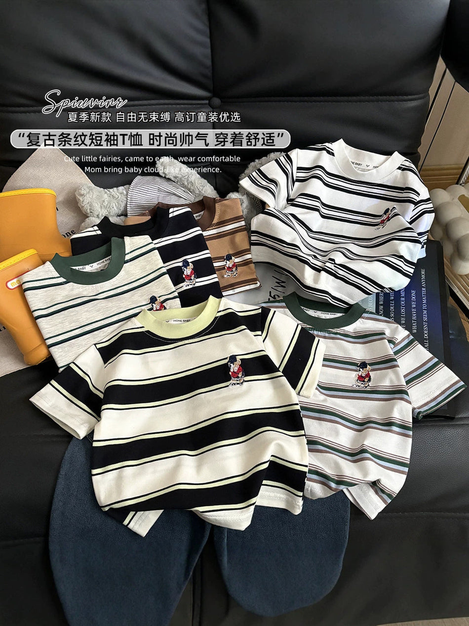 Kids Cotton Striped Bear Embroidered Short Sleeve T-Shirt