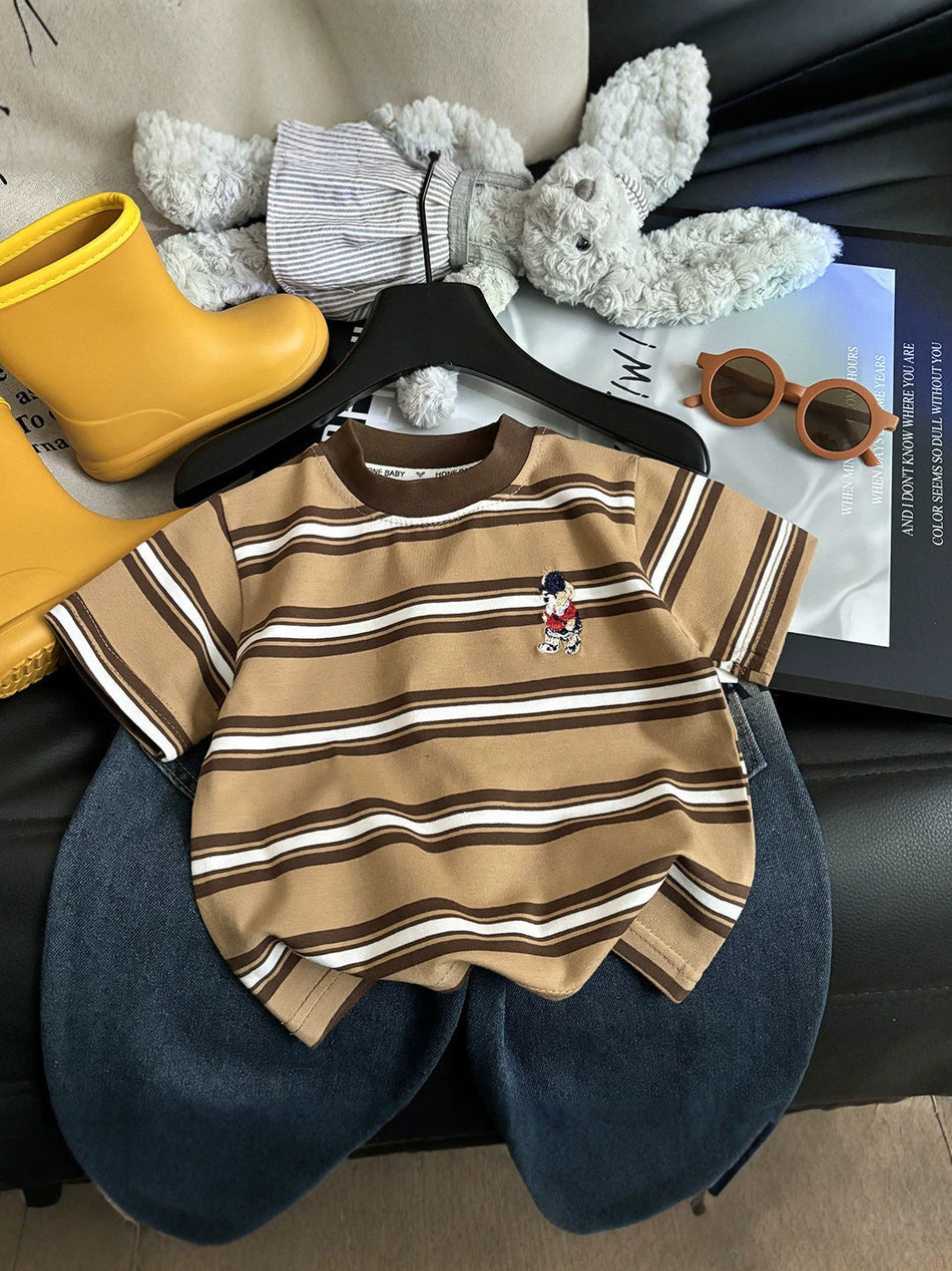 Kids Cotton Striped Bear Embroidered Short Sleeve T-Shirt