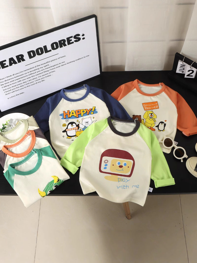 Kids Cotton Raglan Long Sleeve Cartoon T-Shirt Casual Top