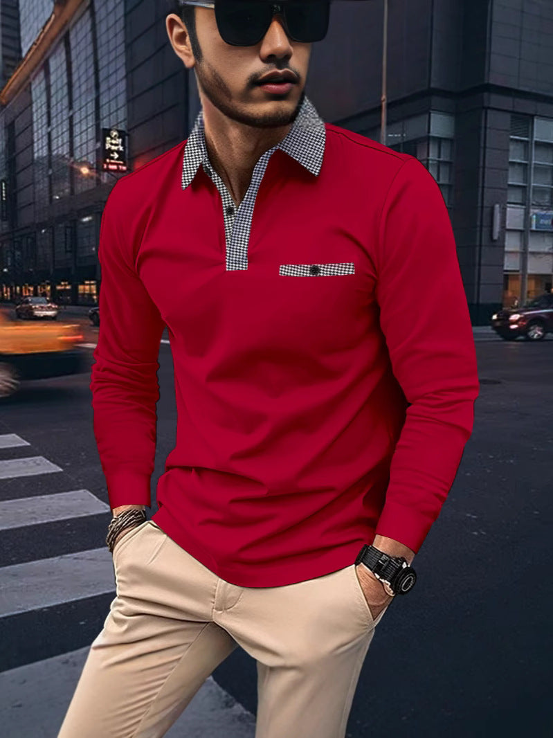 Men's Color Block Long Sleeve Polo Shirt