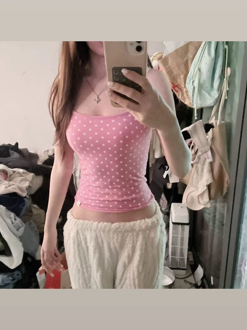 Women's Pink Polka Dot Slim Fit Sleeveless Camisole Top
