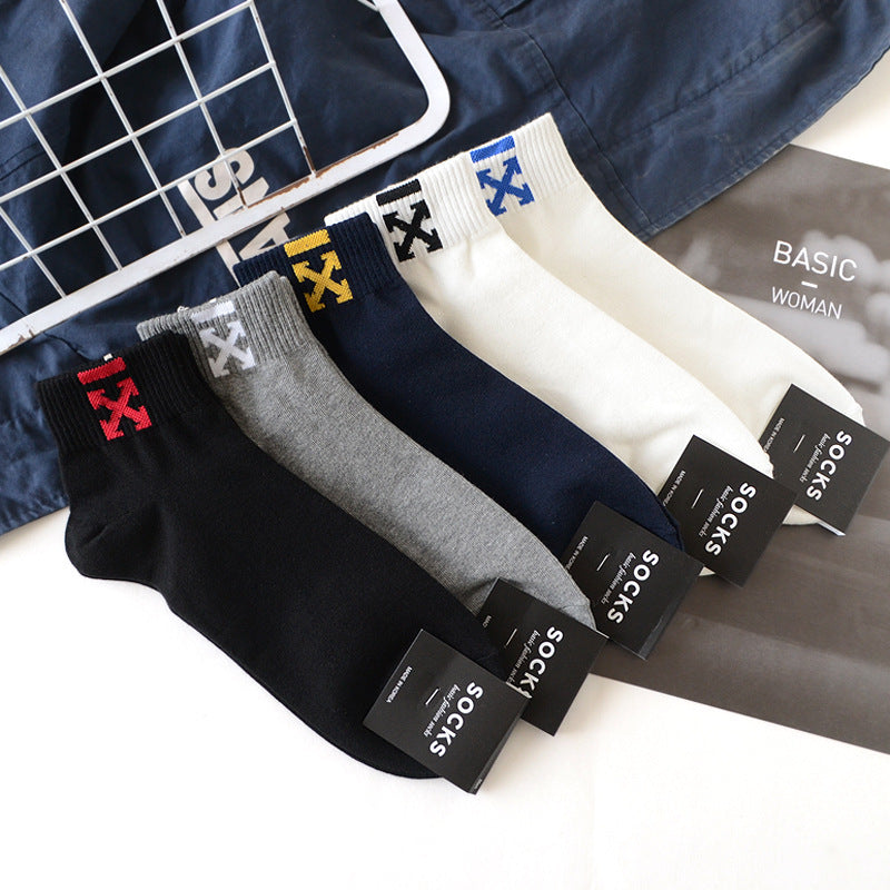 Men's Breathable Short Crew Socks Square Pattern Sports Cotton