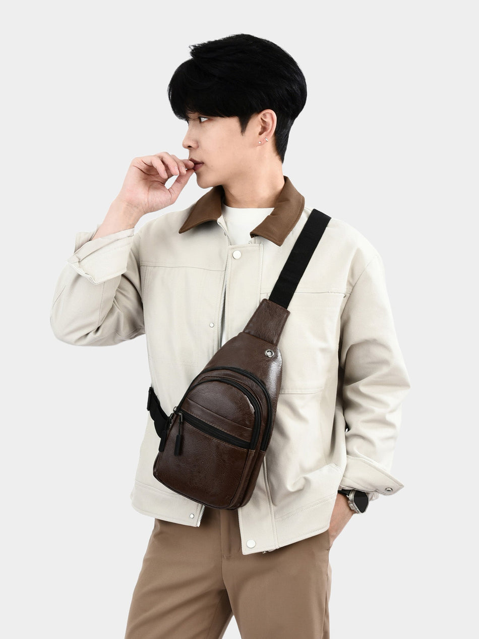 Men's Retro PU Crossbody Chest Bag with Headphone Port