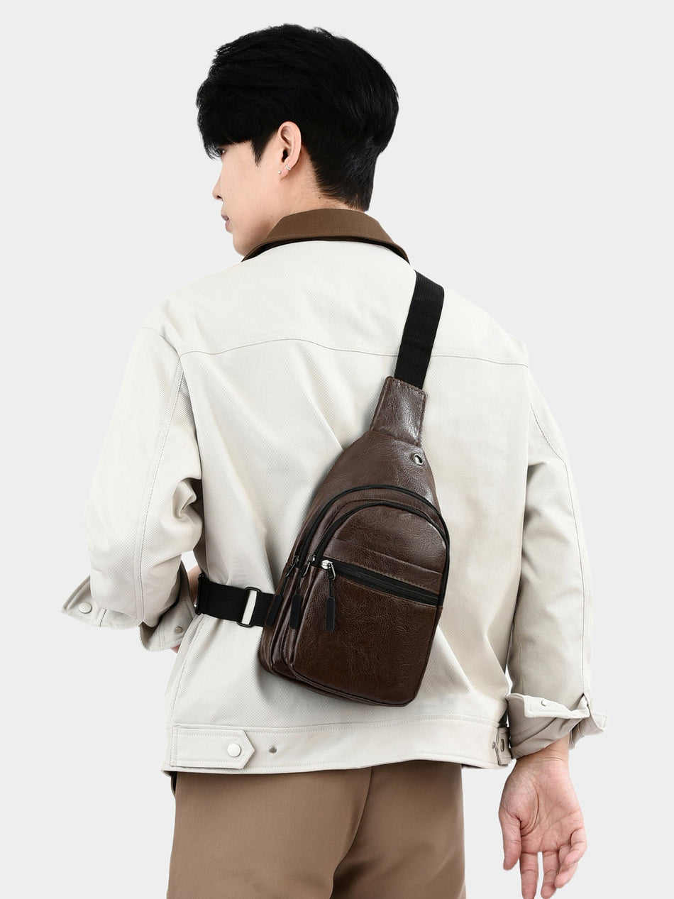 Men's Retro PU Crossbody Chest Bag with Headphone Port