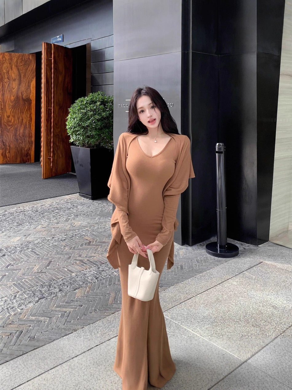 Women's V-Neck Long Sleeve Bodycon Maxi Dress