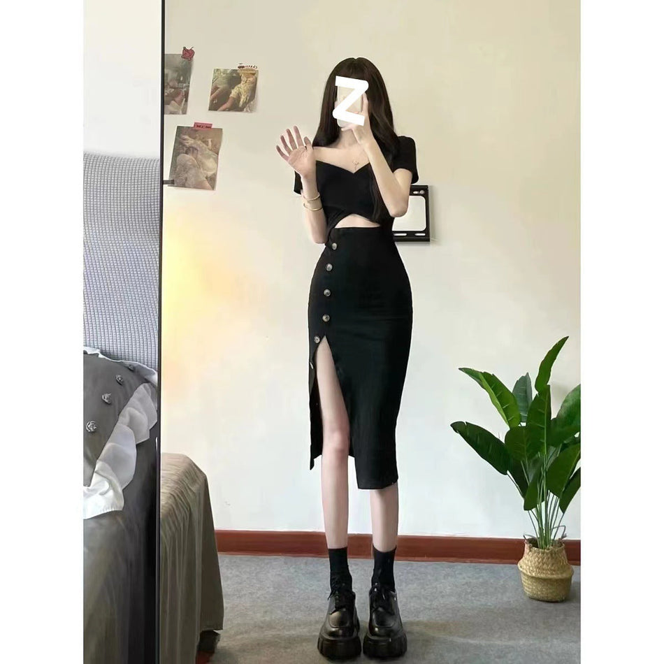Women's V-Neck Slim Fit Midi Dress with Side Slit