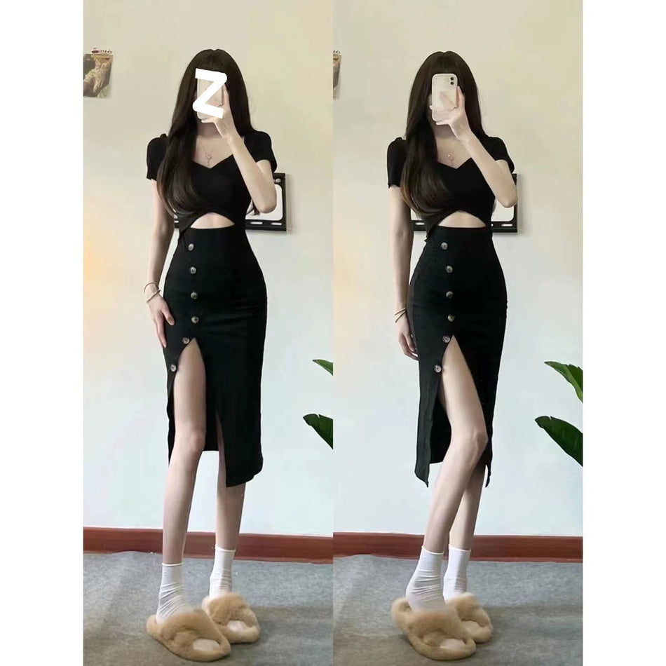 Women's V-Neck Slim Fit Midi Dress with Side Slit