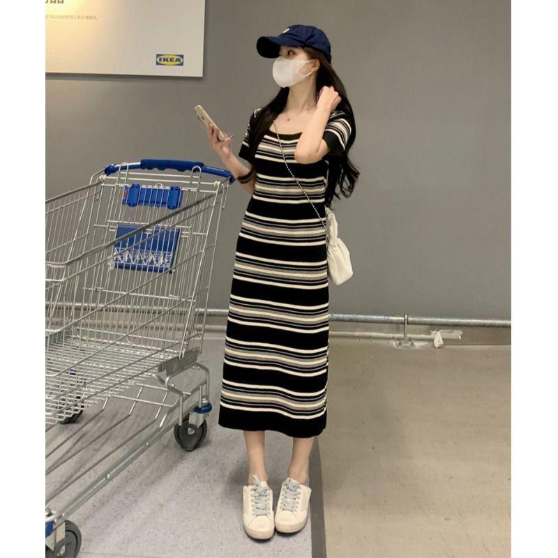 Women's Striped Knit Midi Dress with Square Neck