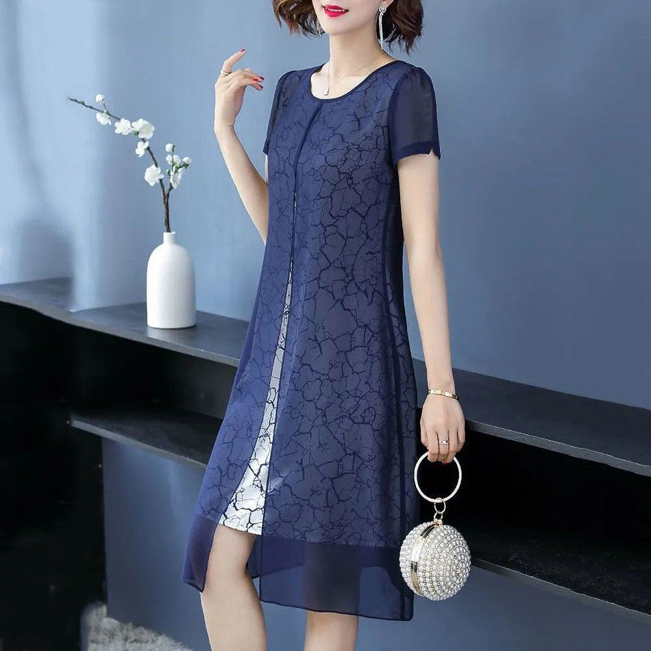 Women's Chiffon Faux Two-Piece A-Line Midi Dress