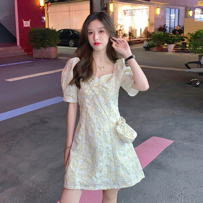 Women's Floral Puff Sleeve Square Neck Midi Dress