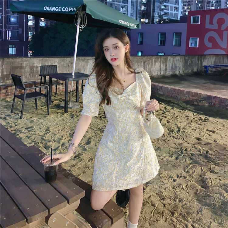Women's Floral Puff Sleeve Square Neck Midi Dress