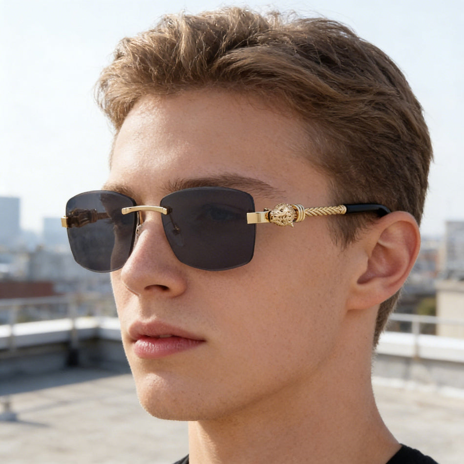 Men's Rimless Leopard Accent Retro Fashion Sunglasses
