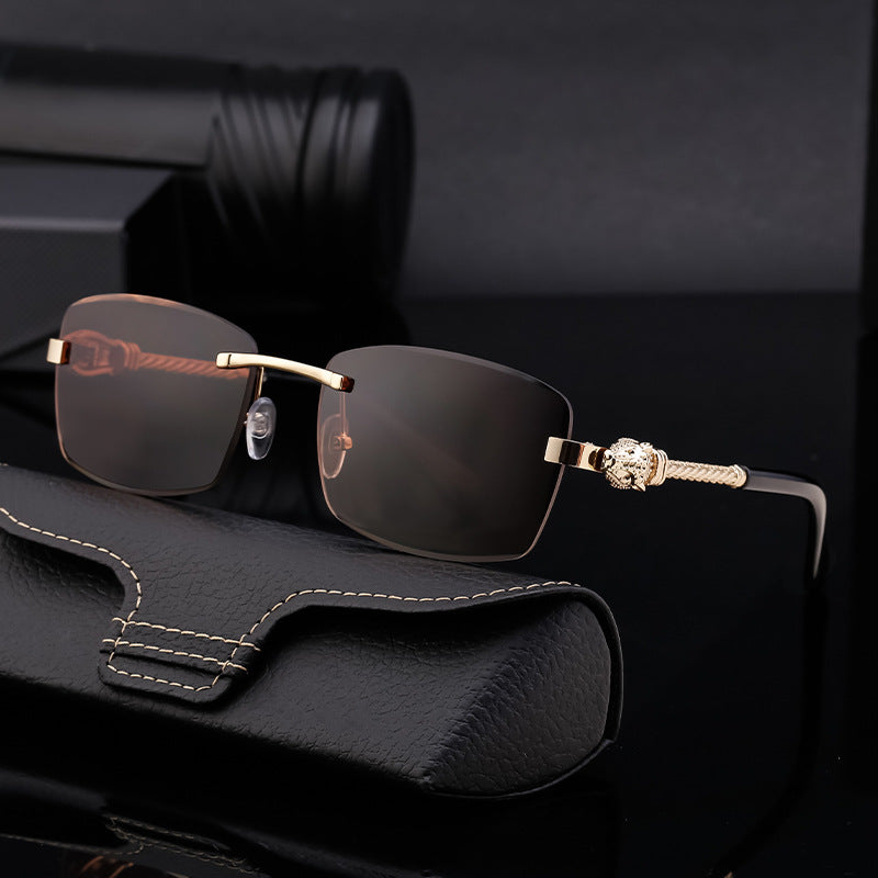 Men's Rimless Leopard Accent Retro Fashion Sunglasses