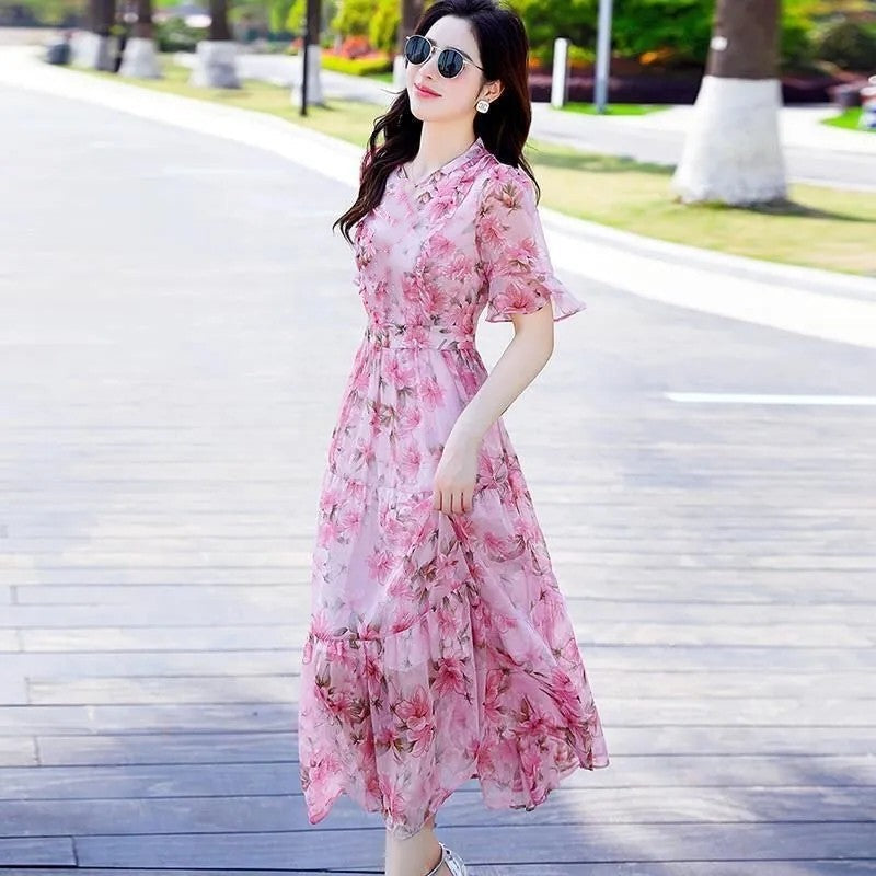 French-Inspired Printed Chiffon Midi Dress