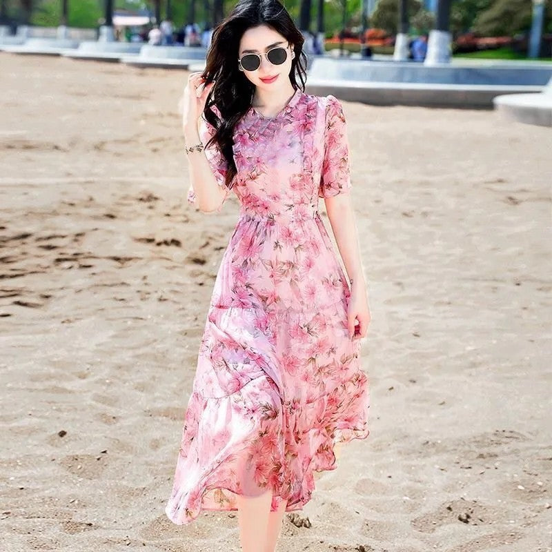 French-Inspired Printed Chiffon Midi Dress