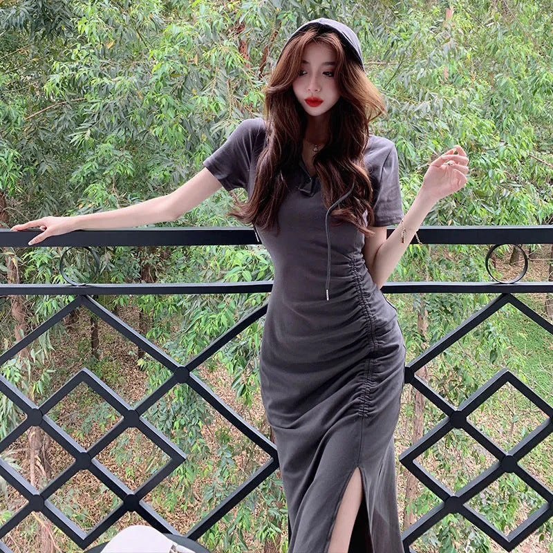 Hooded Waist-Cinching Midi Dress with Drawstring