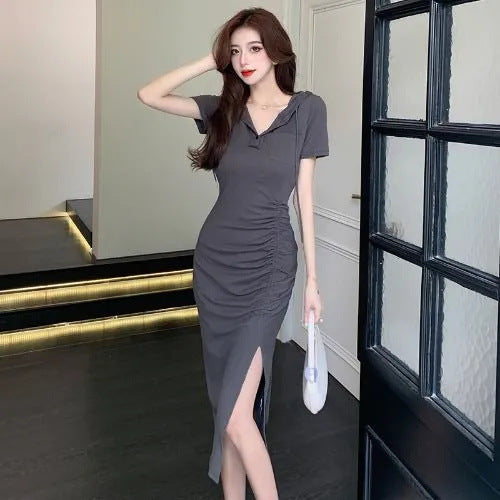 Hooded Waist-Cinching Midi Dress with Drawstring
