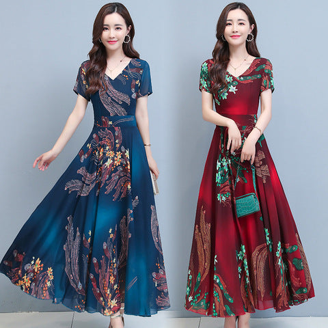 Printed V-Neck Flared Midi Dress with Cinched Waist
