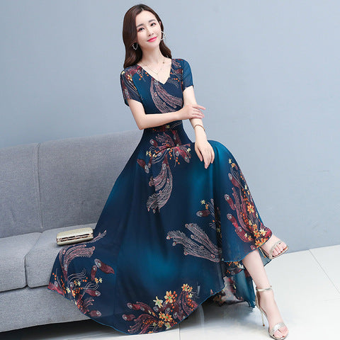 Printed V-Neck Flared Midi Dress with Cinched Waist