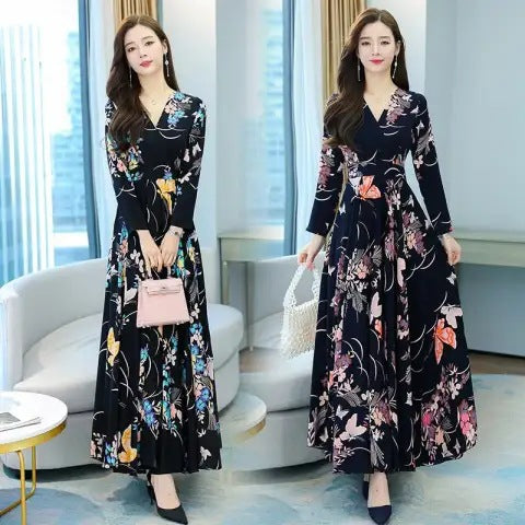Floral Print Long Sleeve Midi Dress with Flared Hem