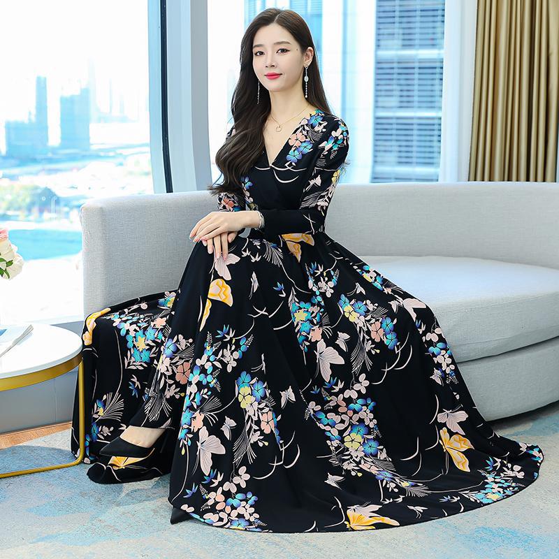 Floral Print Long Sleeve Midi Dress with Flared Hem