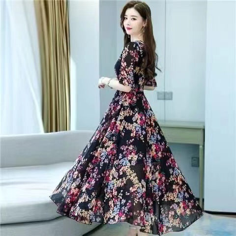 Floral Ice Silk High-Waist Midi Dress for Women