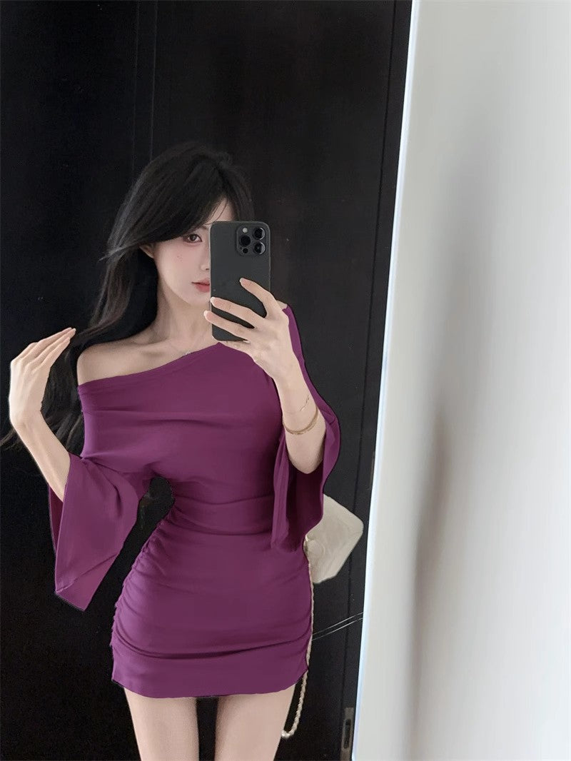 One-Shoulder Ruched Bodycon Dress with Slim Fit