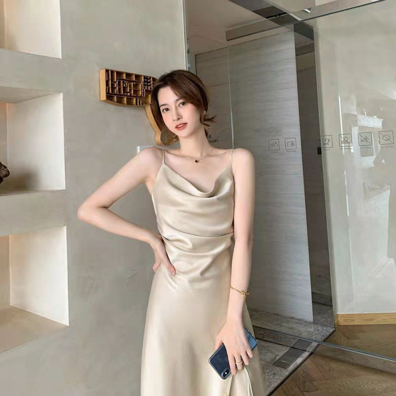 Satin Draped Collar A-Line Maxi Dress with Straps