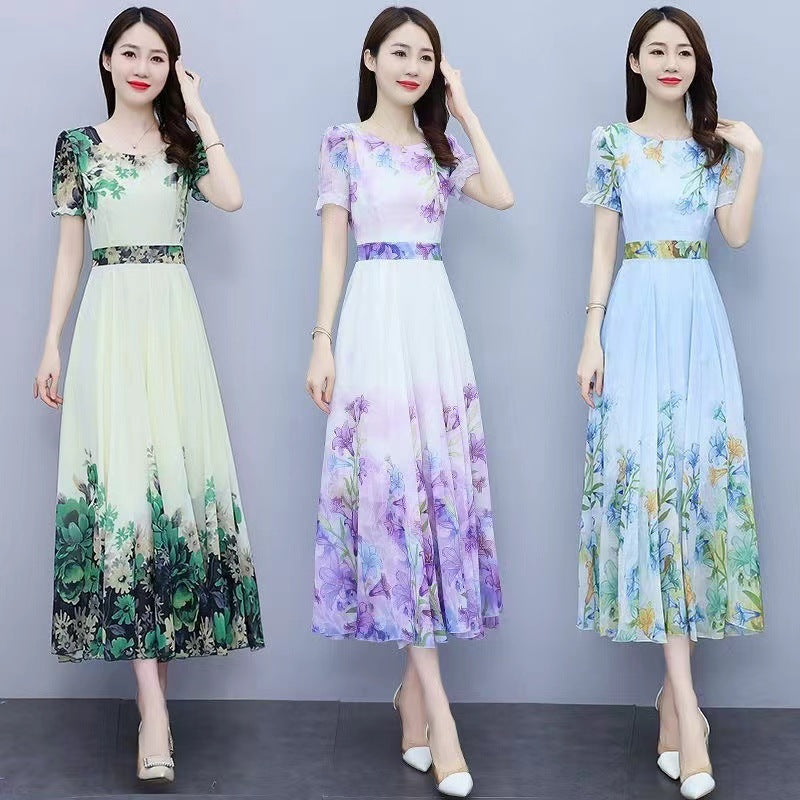 Printed Round Neck Maxi Dress with Flared Hem